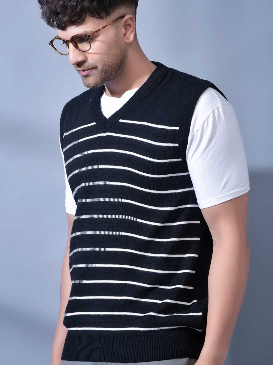 Cobb Black Striped V Neck Sleeveless Sweater