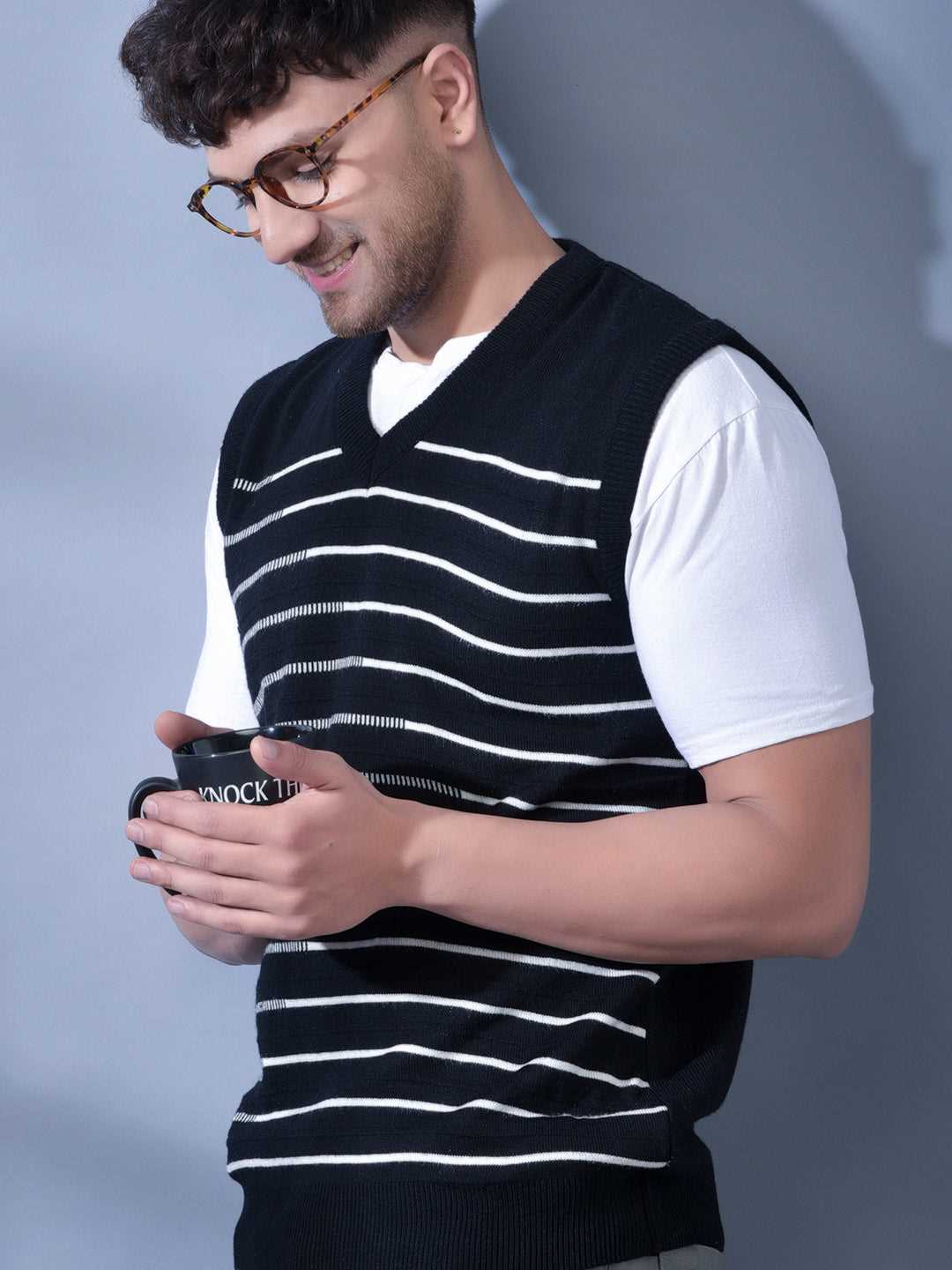 Cobb Black Striped V Neck Sleeveless Sweater