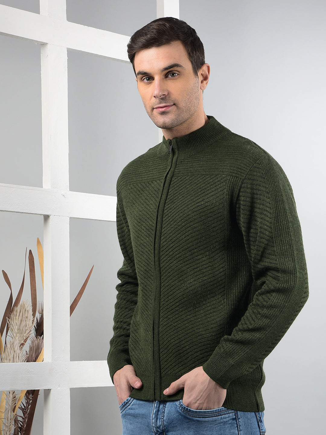 COBB GREEN SELF-DESIGN ZIP-UP SWEATER