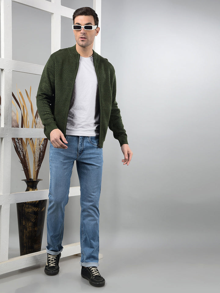 COBB GREEN SELF-DESIGN ZIP-UP SWEATER