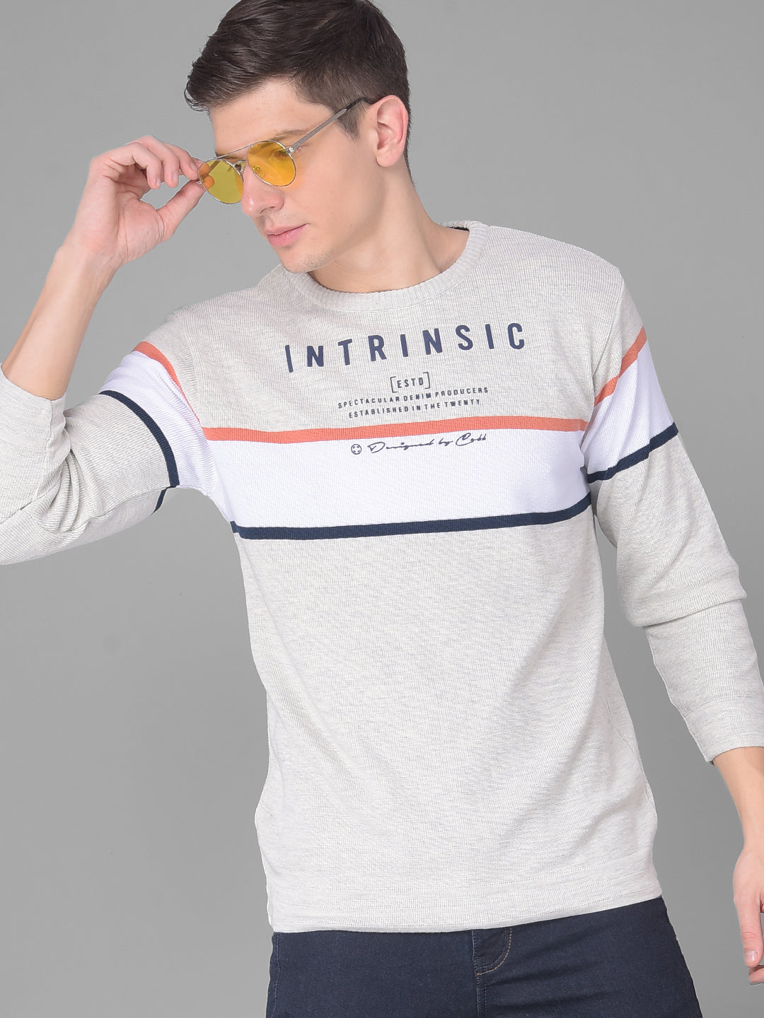 COBB LIGHT GREY STRIPED ROUND NECK SWEATER