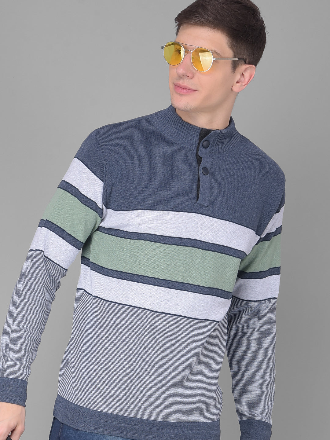 COBB SLATE BLUE STRIPED ROUND NECK SWEATER