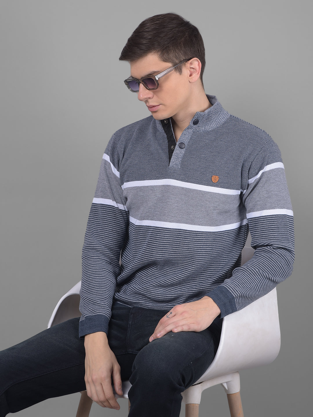 COBB GREY STRIPED HIGH NECK SWEATER