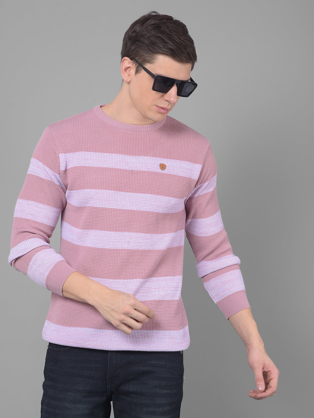 COBB DUSTY CORAL STRIPED ROUND NECK SWEATER