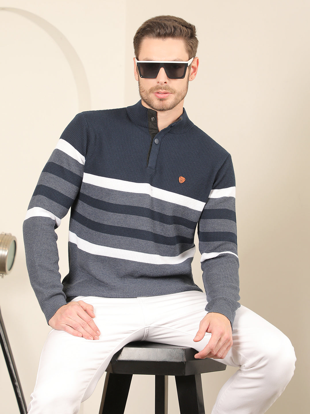 Cobb Navy Blue Striped Round Neck Half-Button Sweater Classic
