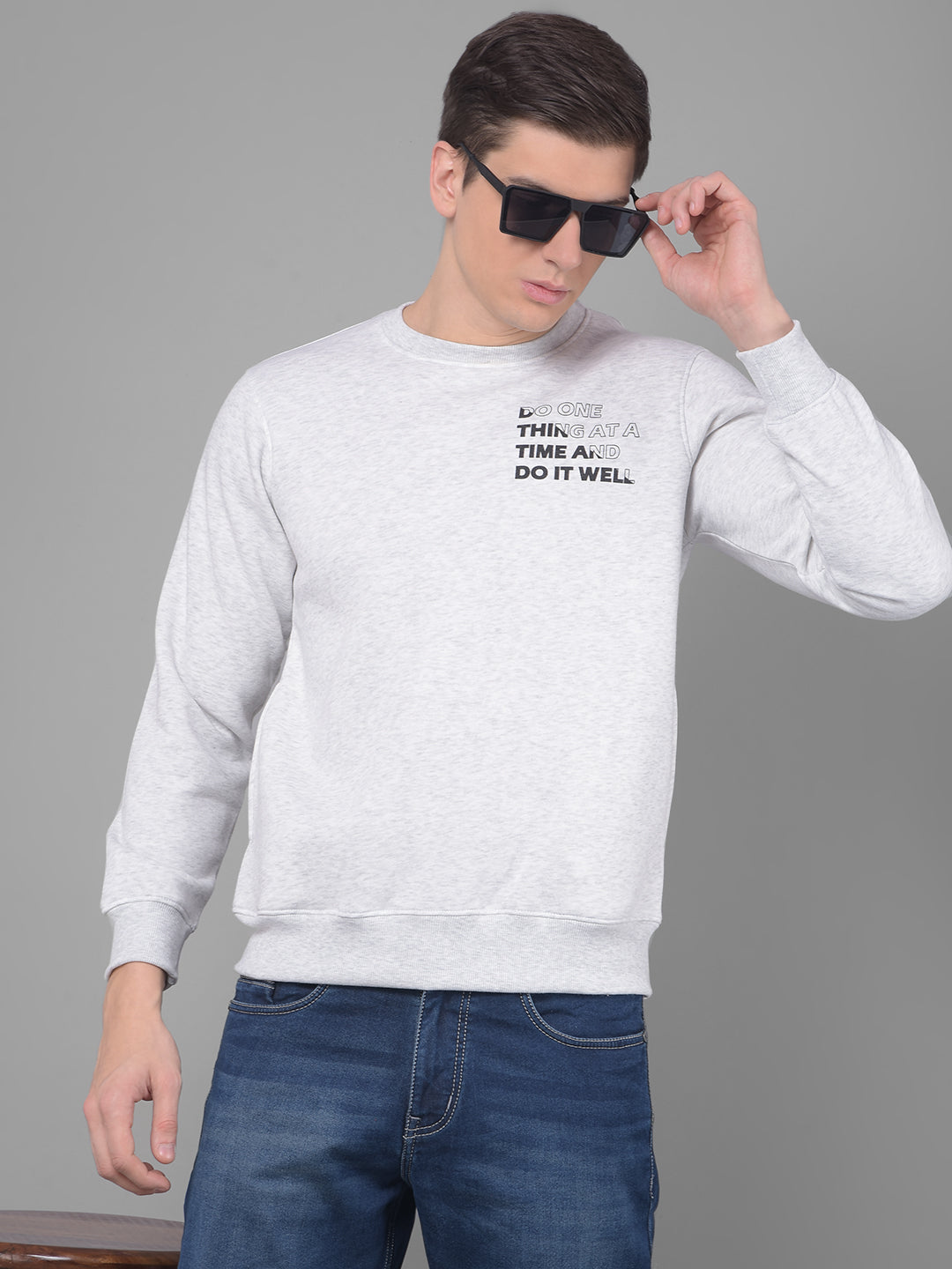 COBB MELANGE GREY PRINTED ROUND NECK SWEATSHIRT