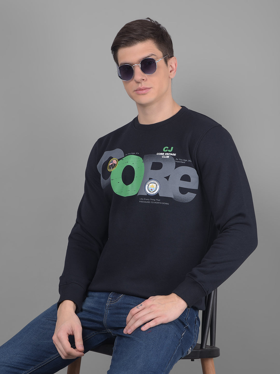COBB NAVY BLUE PRINTED ROUND NECK SWEATSHIRT