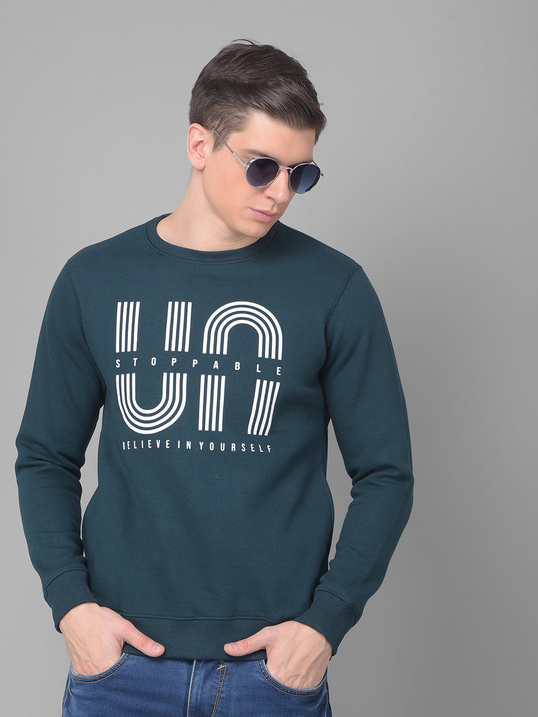 COBB BOTTLE GREEN PRINTED ROUND NECK SWEATSHIRT