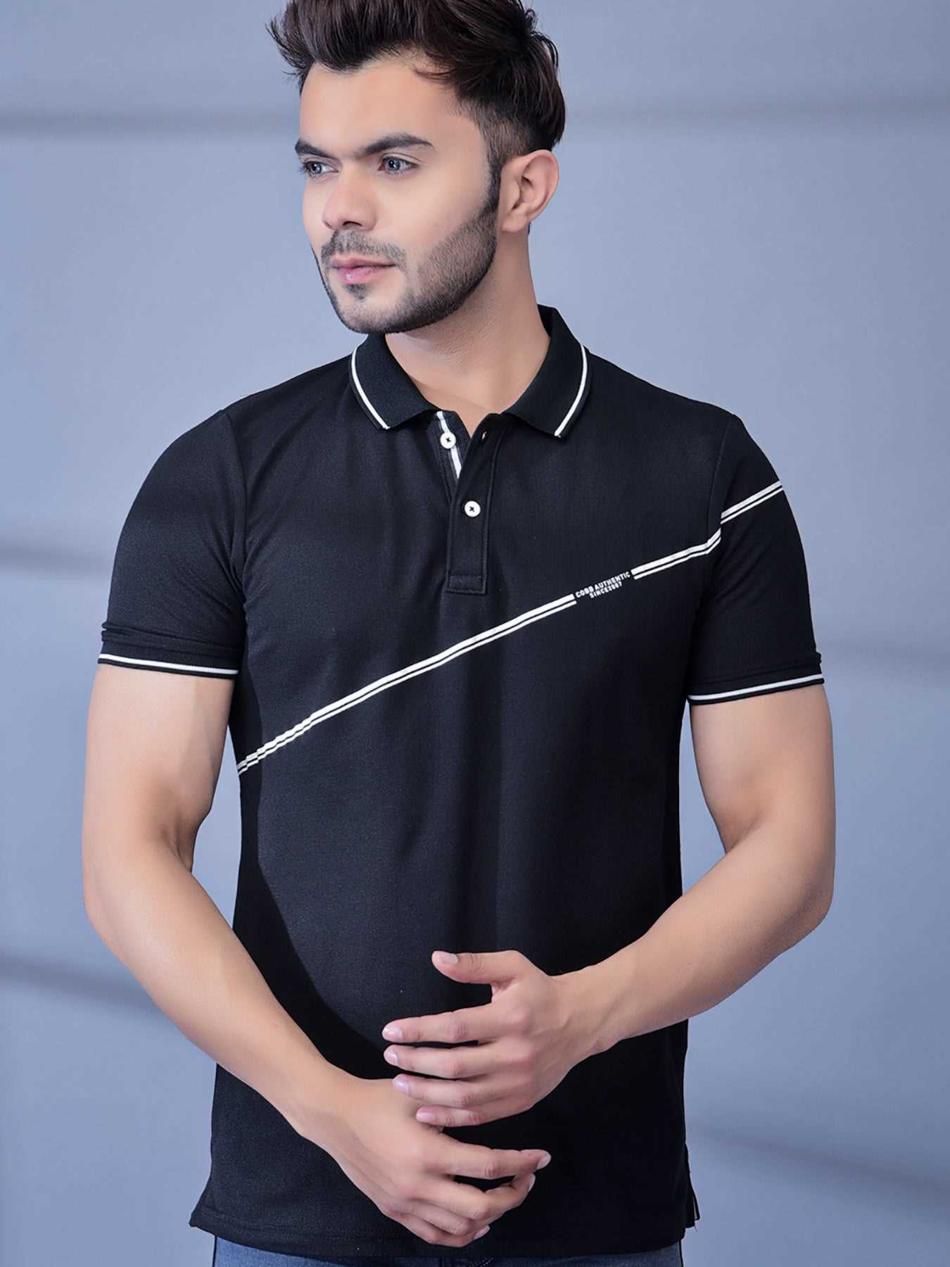 Cobb Black Solid Polo Neck T-Shirt