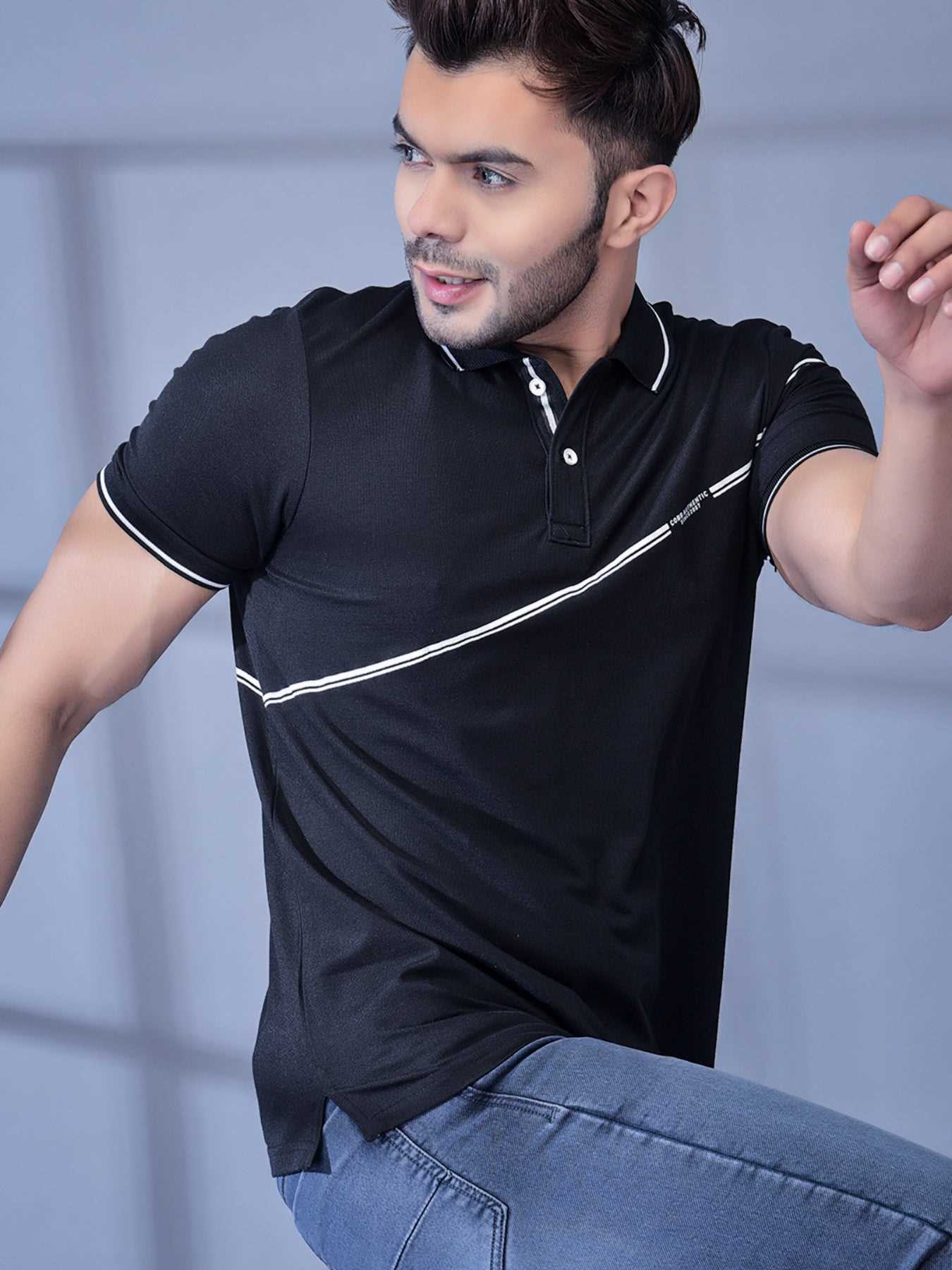 Cobb Black Solid Polo Neck T-Shirt