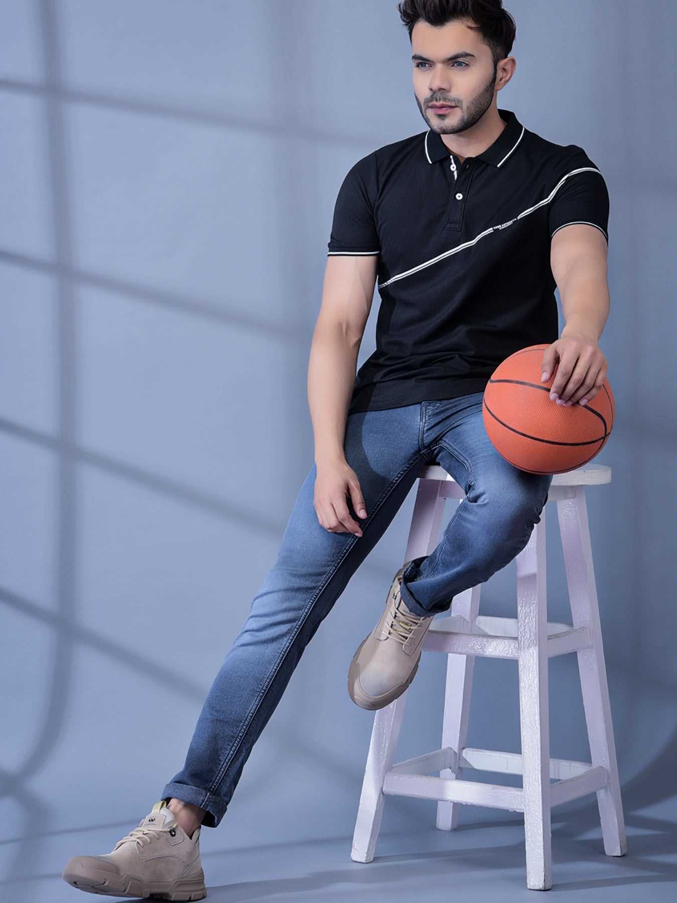 Cobb Black Solid Polo Neck T-Shirt