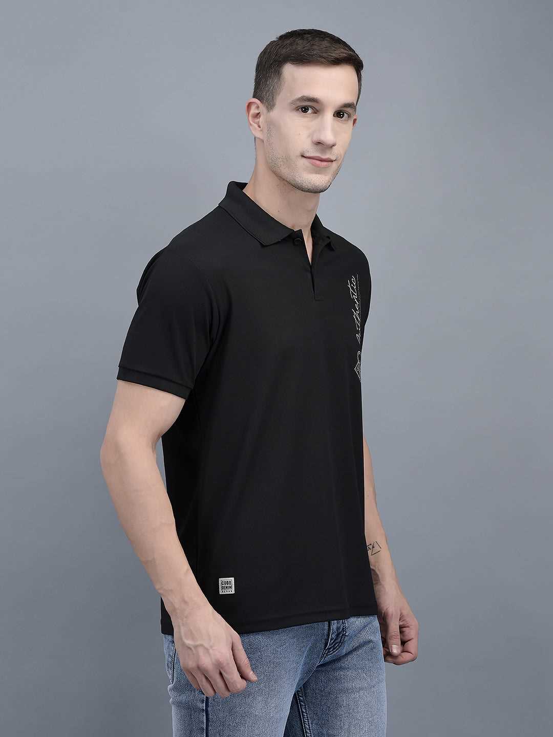 Cobb Black Solid Polo Neck T-Shirt