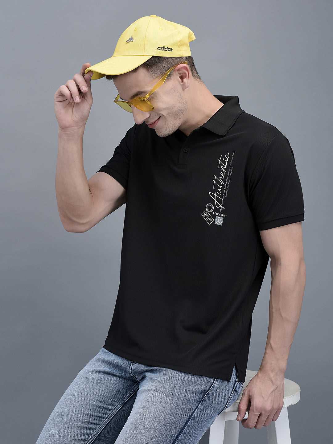 Cobb Black Solid Polo Neck T-Shirt