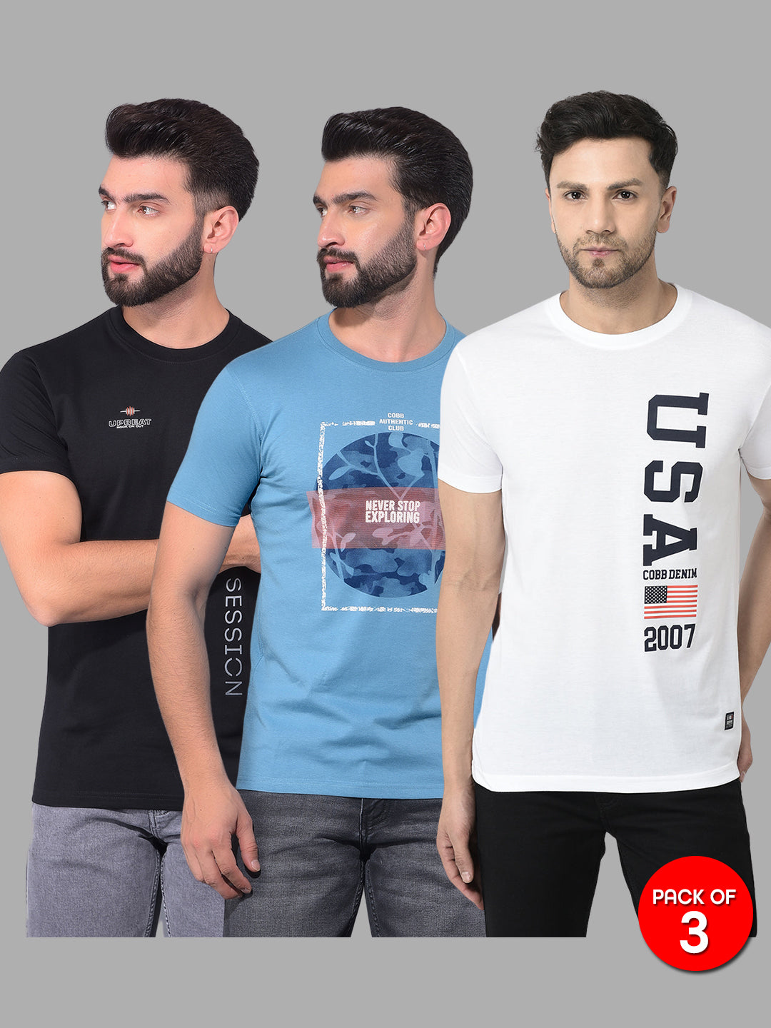 COBB MEN S PACK OF 3 PRINTED ROUND NECK COMBO T SHIRT