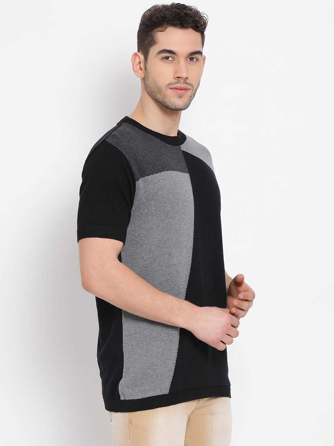 Cobb Black Striped Round Neck T-Shirt