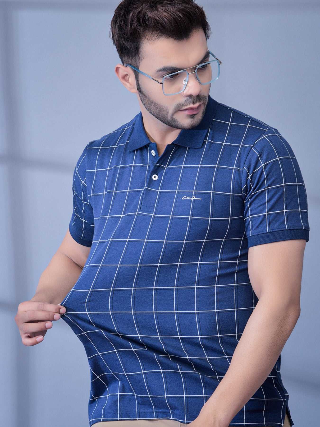 Cobb Blue Check Polo Neck T-Shirt