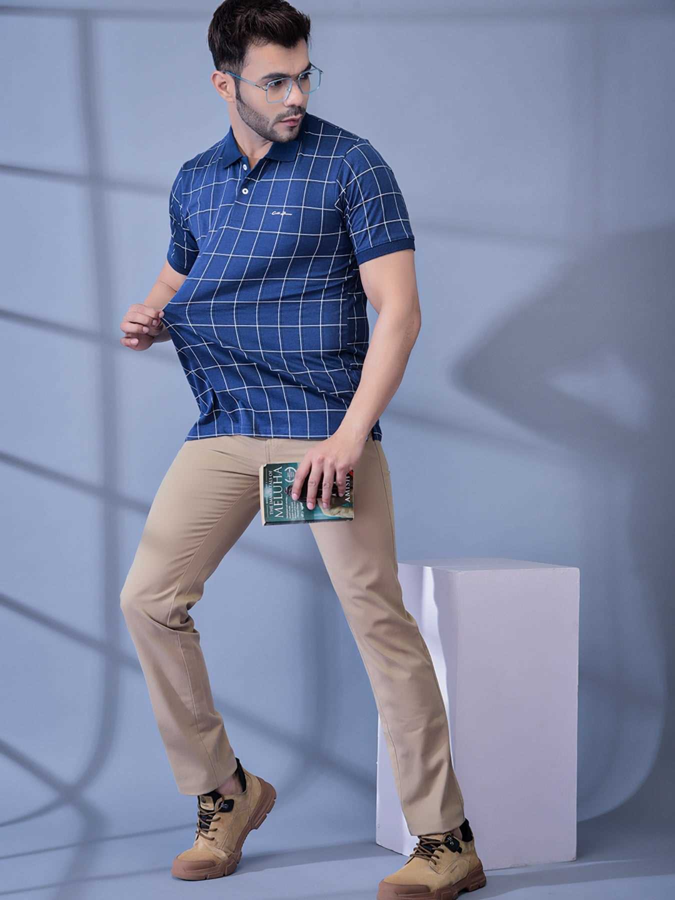 Cobb Blue Check Polo Neck T-Shirt