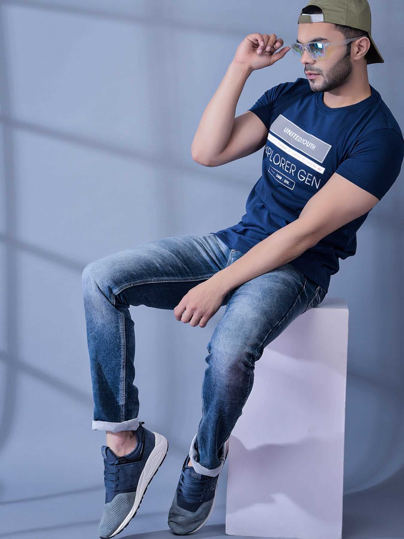 Cobb Blue Printed Round Neck T-Shirt