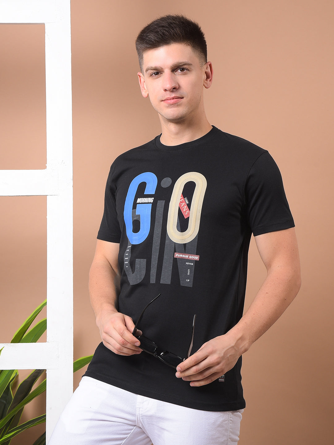 COBB BLACK PRINTED ROUND NECK T-SHIRT