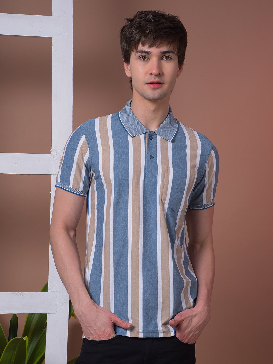 COBB BLUE STRIPED POLO NECK T-SHIRT