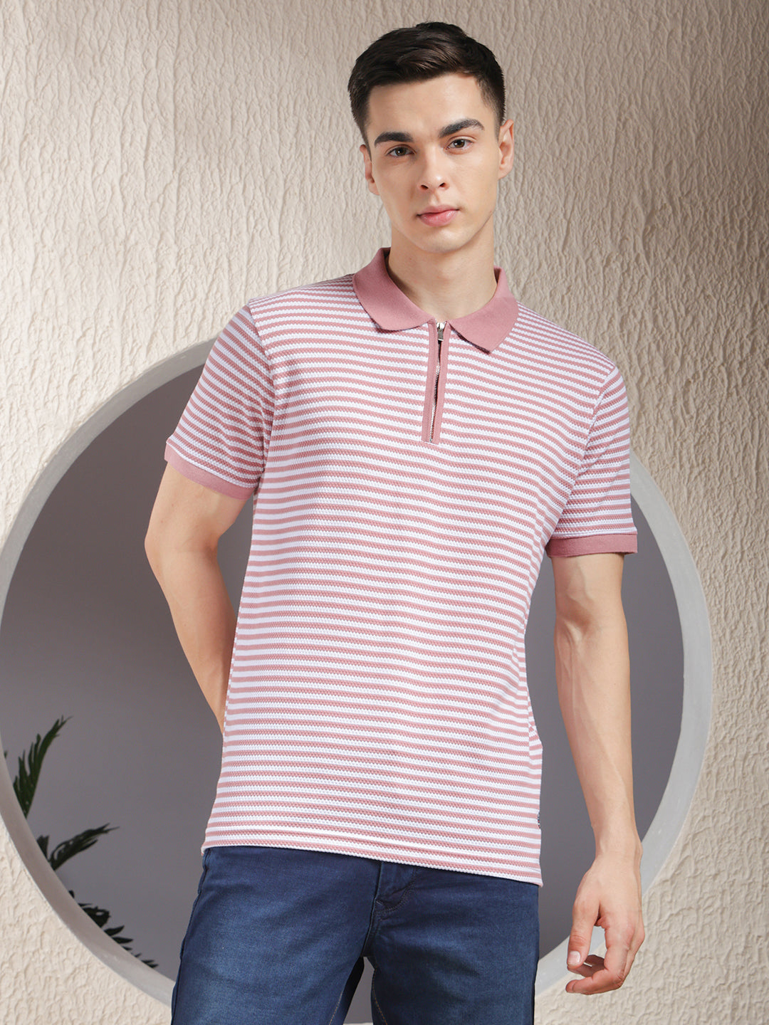 COBB PINK STRIPED POLO NECK ZIPPER T-SHIRT - Main Image