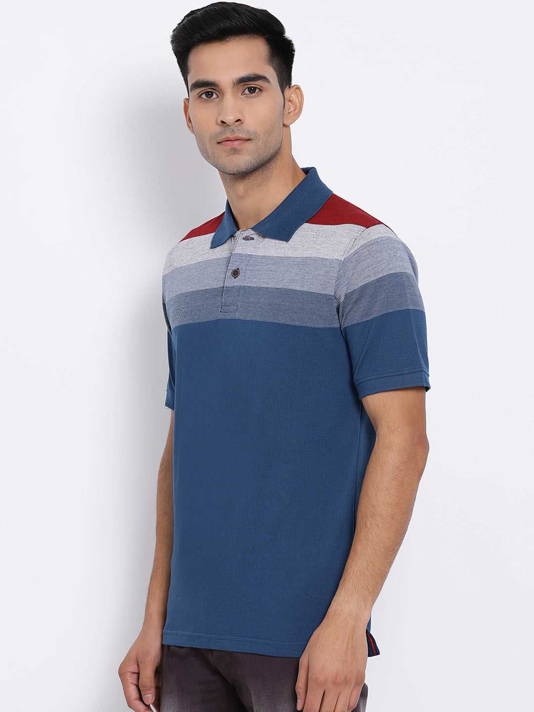 Cobb Blue Striped Polo Neck T-Shirt
