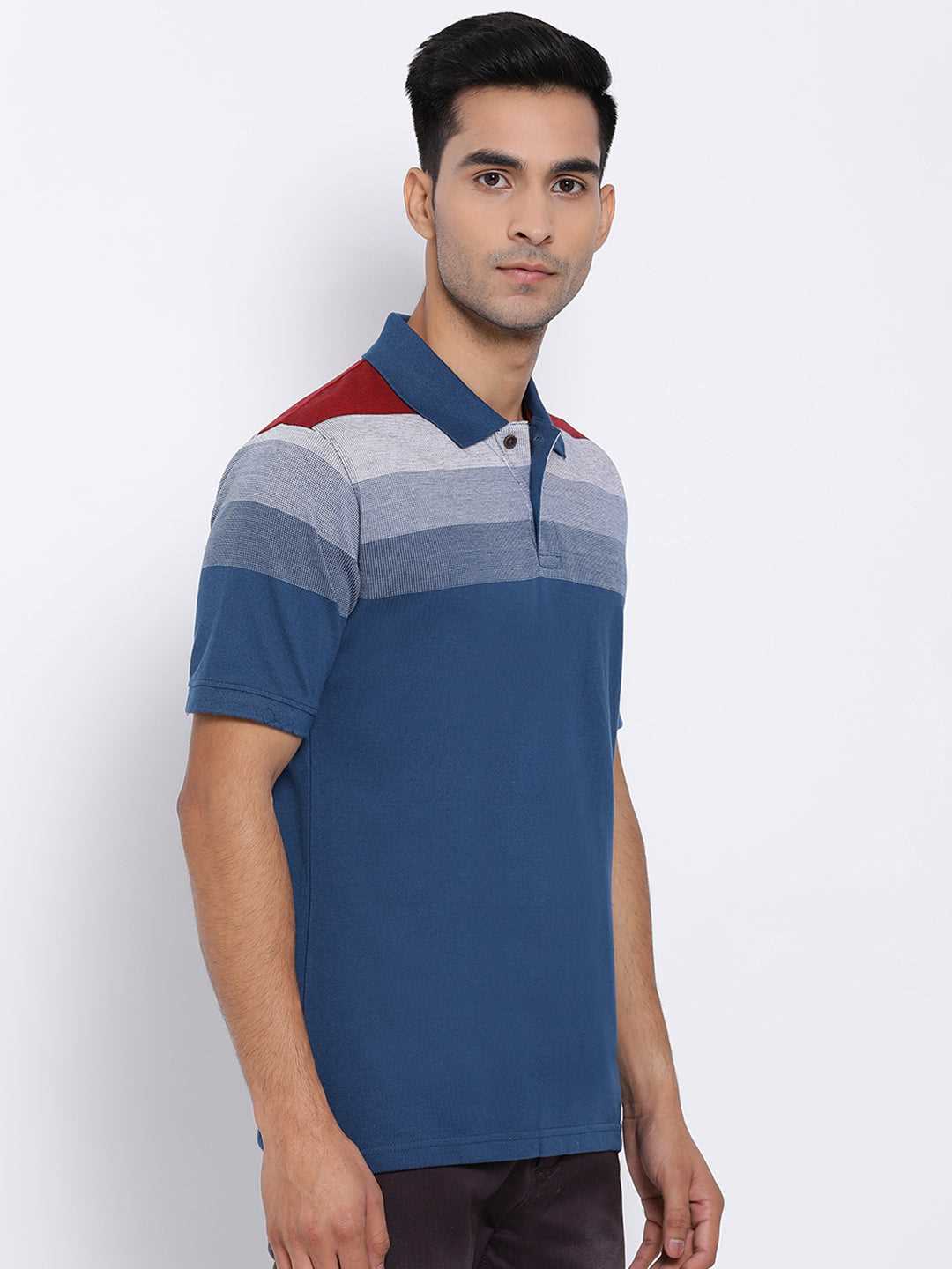 Cobb Blue Striped Polo Neck T-Shirt