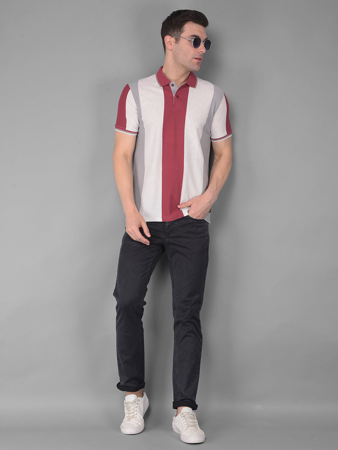 cobb faded red white striped polo neck t-shirt