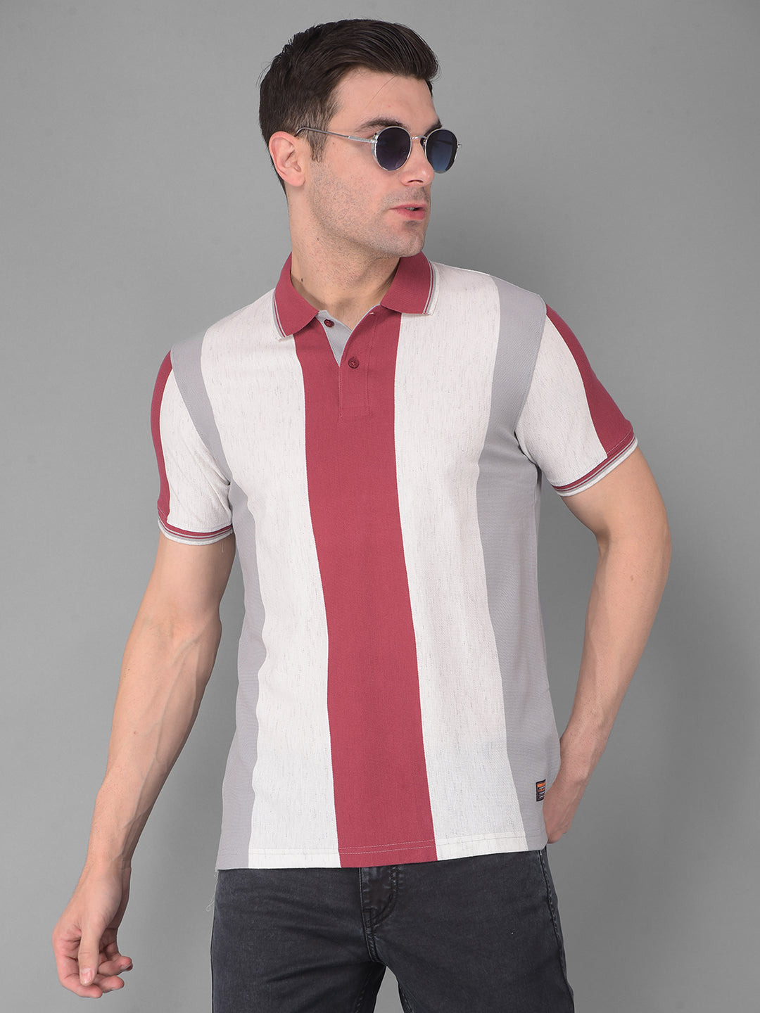 COBB FADED RED WHITE STRIPED POLO NECK T-SHIRT