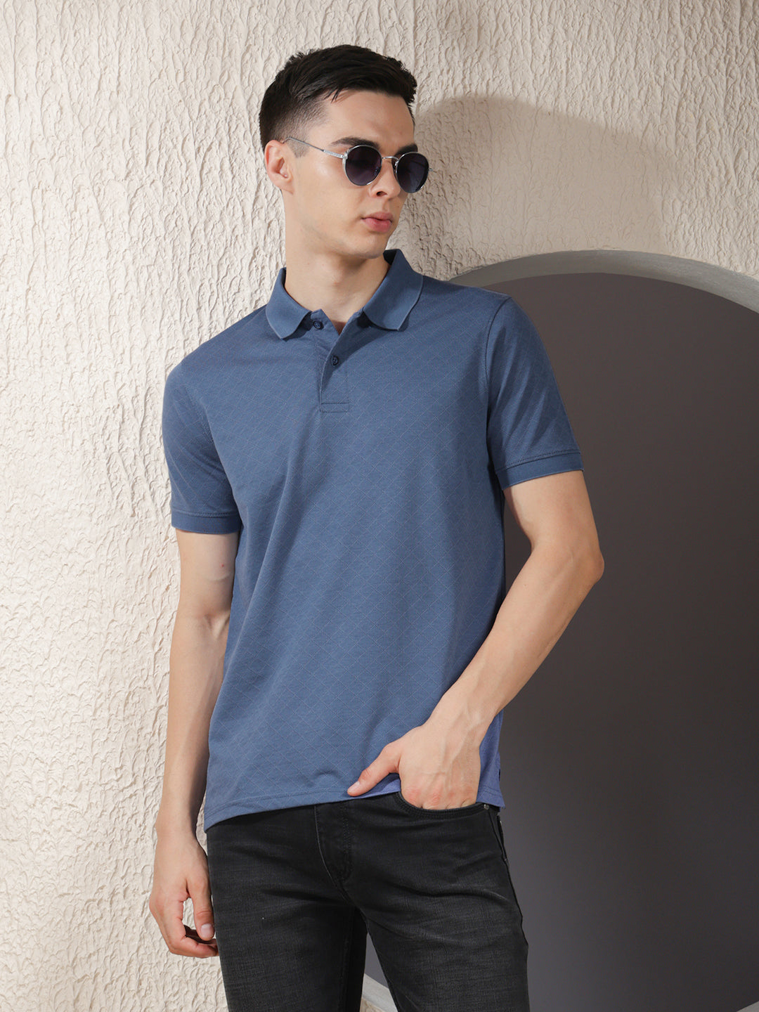 COBB BLUE SELF-DESIGN POLO NECK T-SHIRT