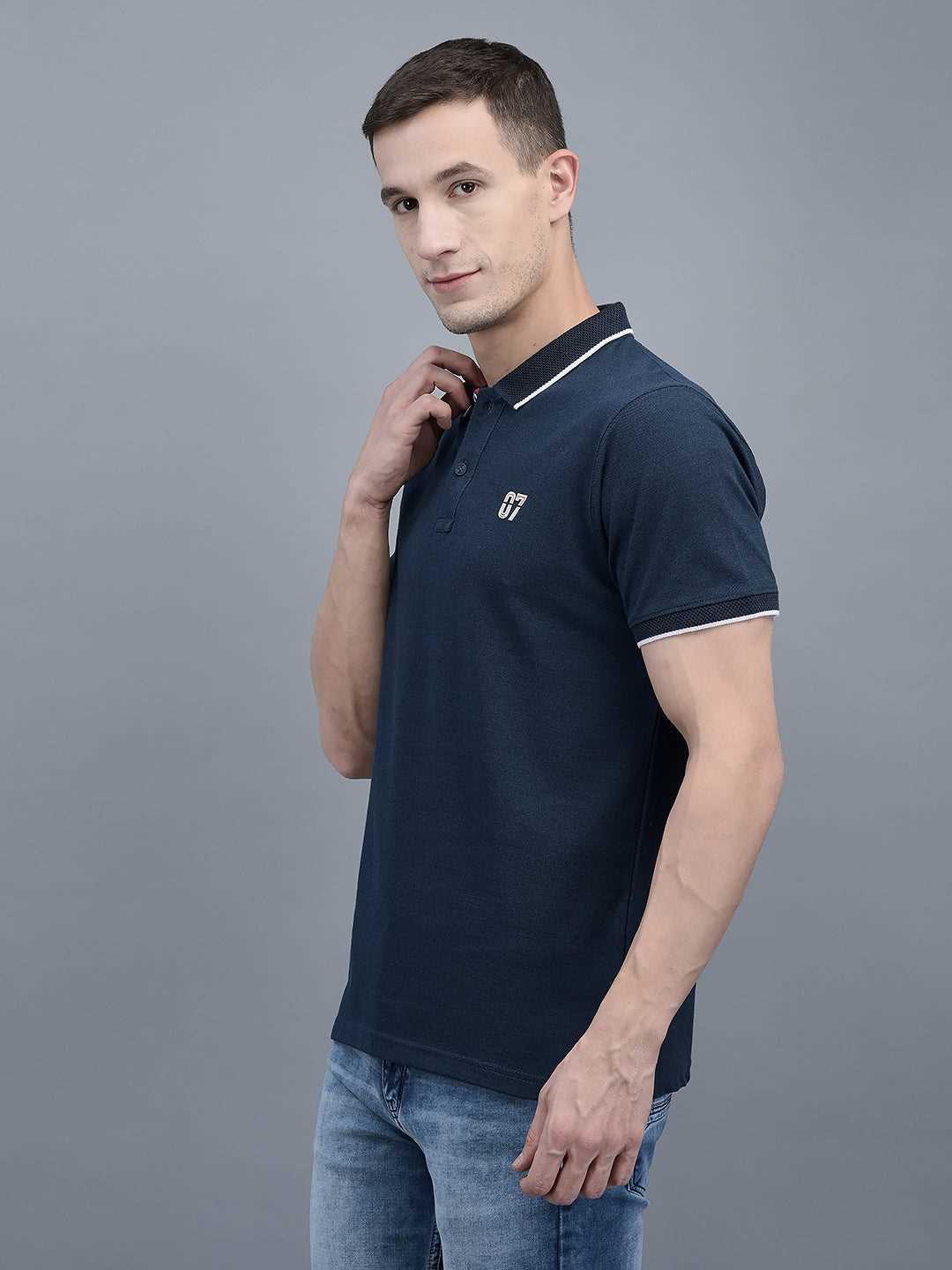 Cobb Blue Solid Polo Neck T-Shirt