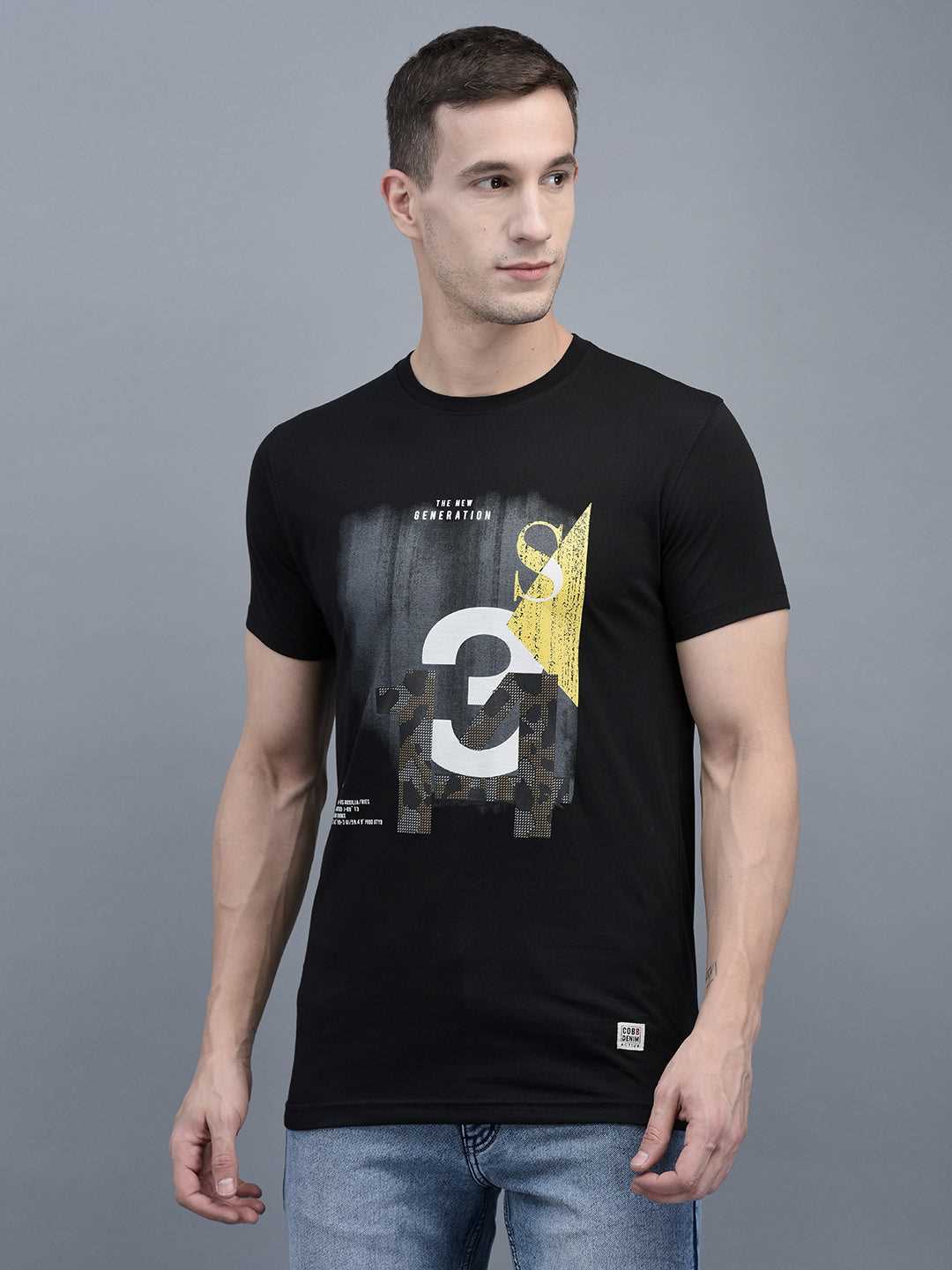 Cobb Black Printed Round Neck T-Shirt BLACK