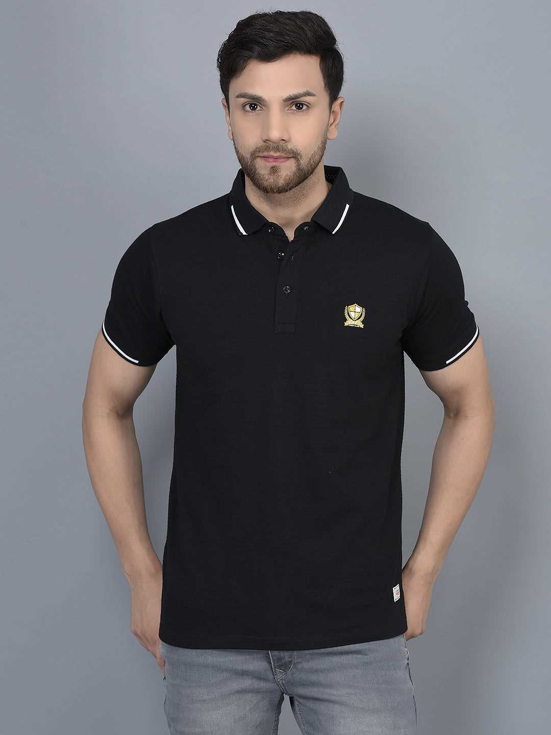 Cobb Black Solid Polo Neck T-Shirt