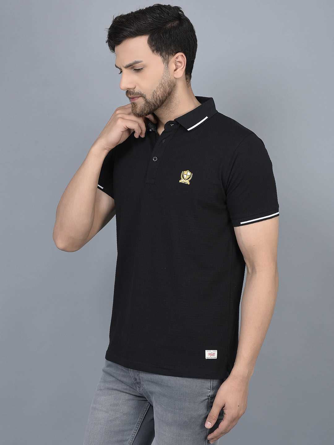 Cobb Black Solid Polo Neck T-Shirt