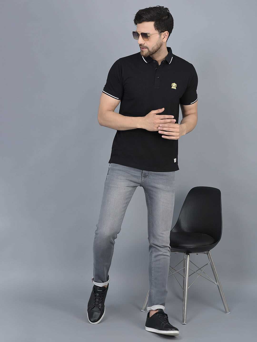 Cobb Black Solid Polo Neck T-Shirt