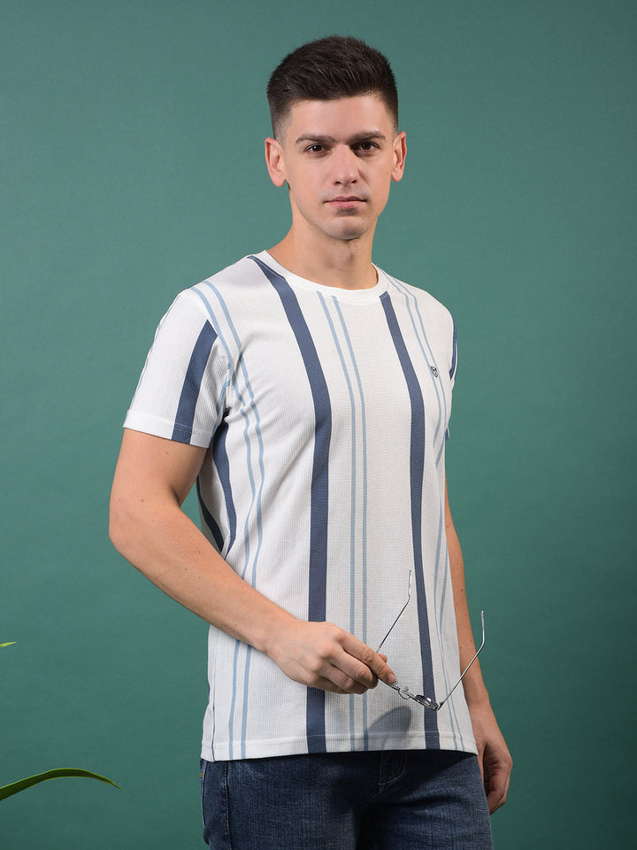COBB WHITE STRIPED ROUND NECK T-SHIRT