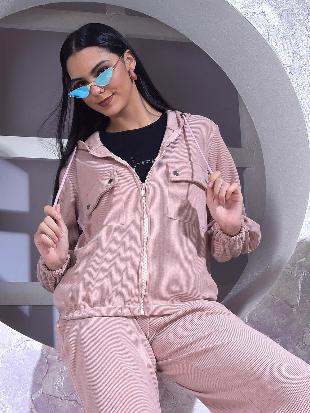 miss forever peach striped winter co-ord set