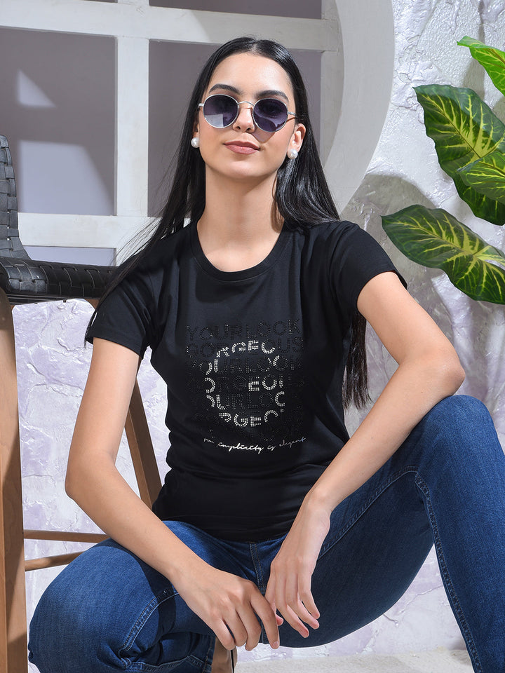 miss forever black stone printed top