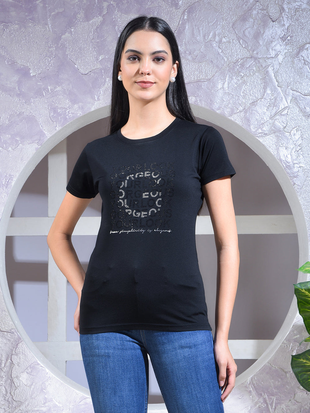 miss forever black stone printed top