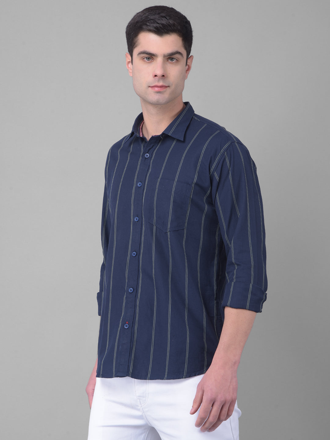 cobb navy blue striped slim fit casual shirt