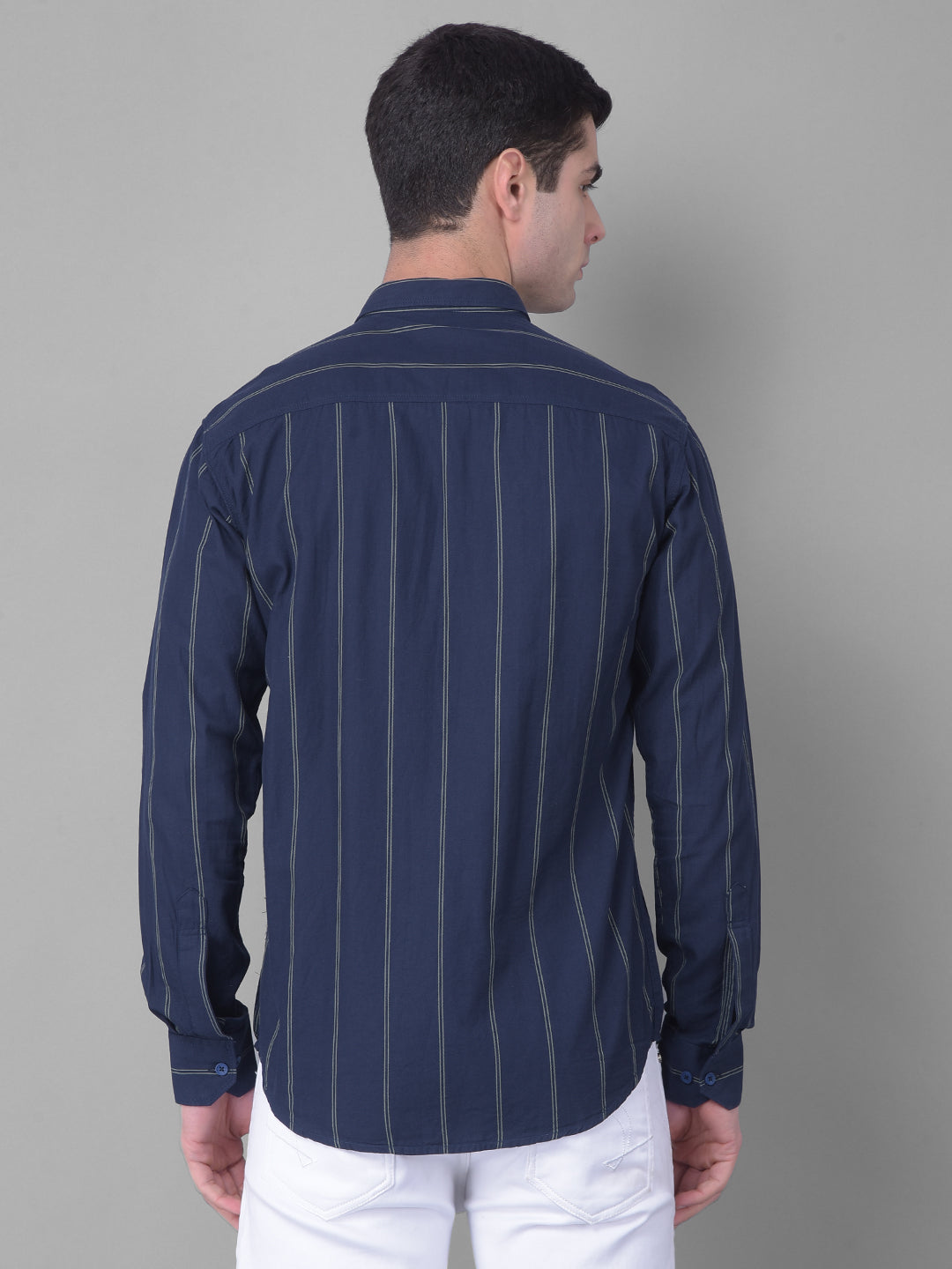 cobb navy blue striped slim fit casual shirt