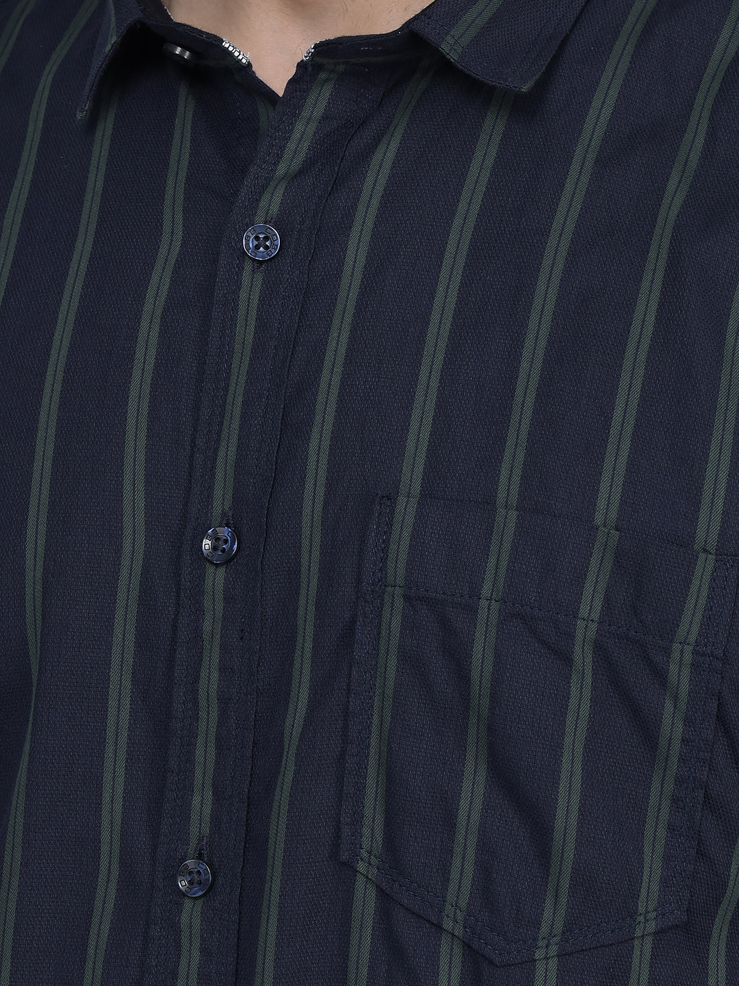 Cobb Navy Blue Striped Slim Fit Casual Shirt