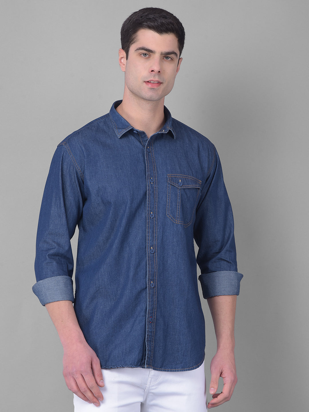 cobb solid dark blue slim fit casual shirt
