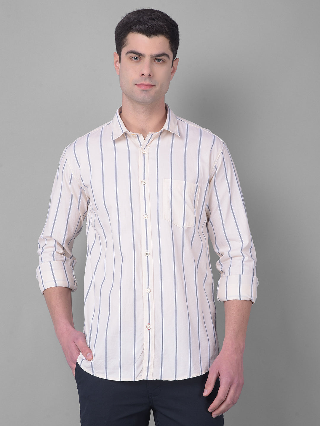 cobb beige striped slim fit casual shirt
