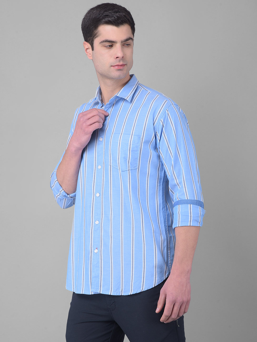 cobb sky blue striped slim fit casual shirt