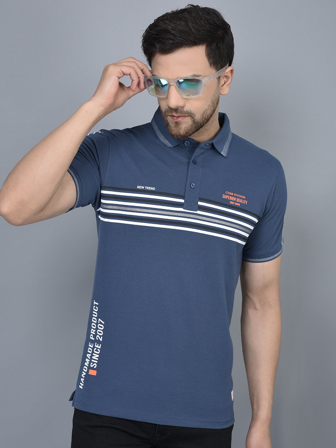 Cobb Blue Striped Polo Neck T-Shirt BLUE