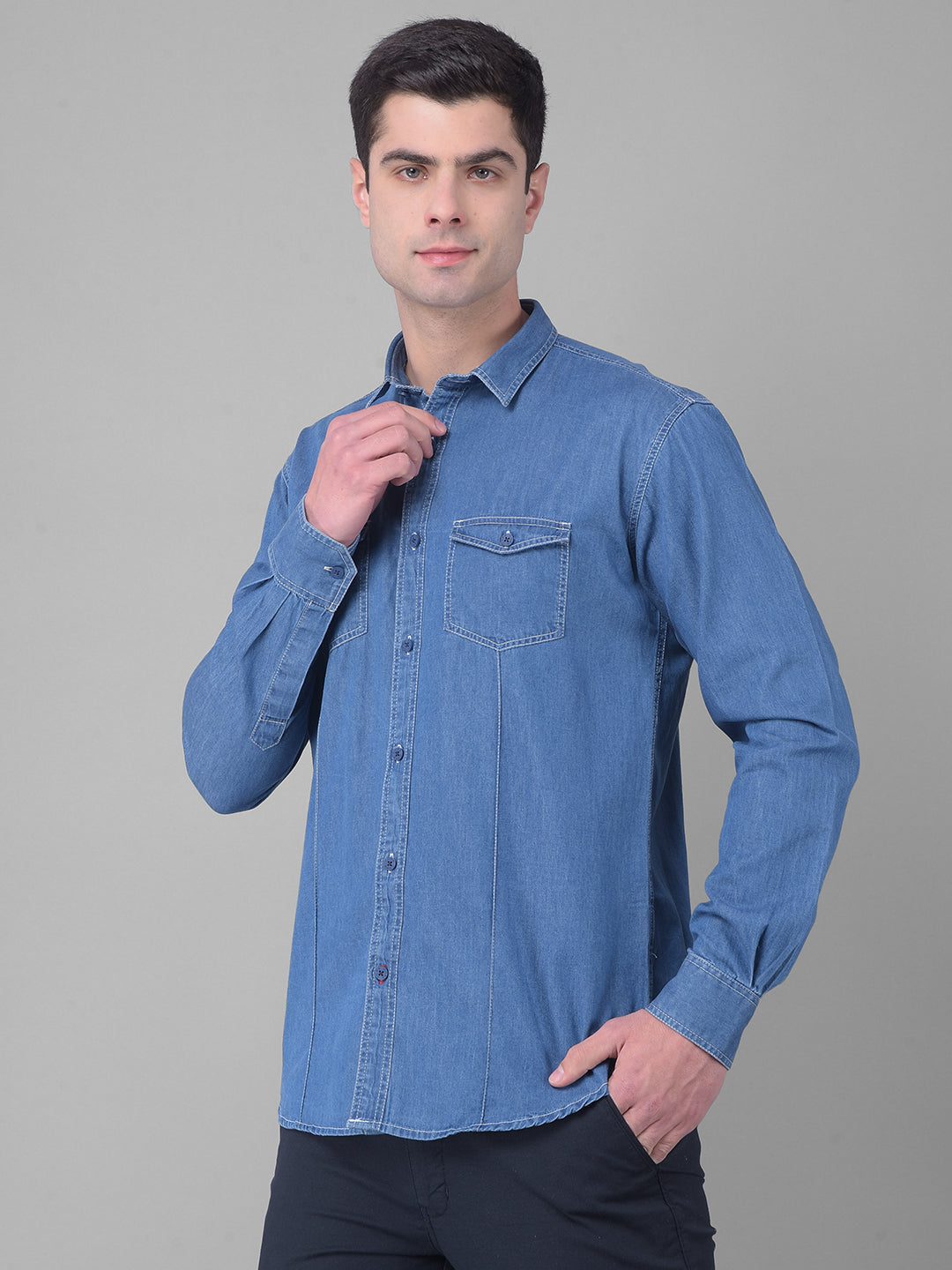 cobb solid denim blue slim fit casual shirt