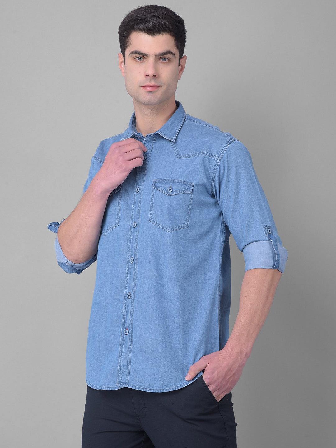 cobb solid azure blue slim fit casual shirt
