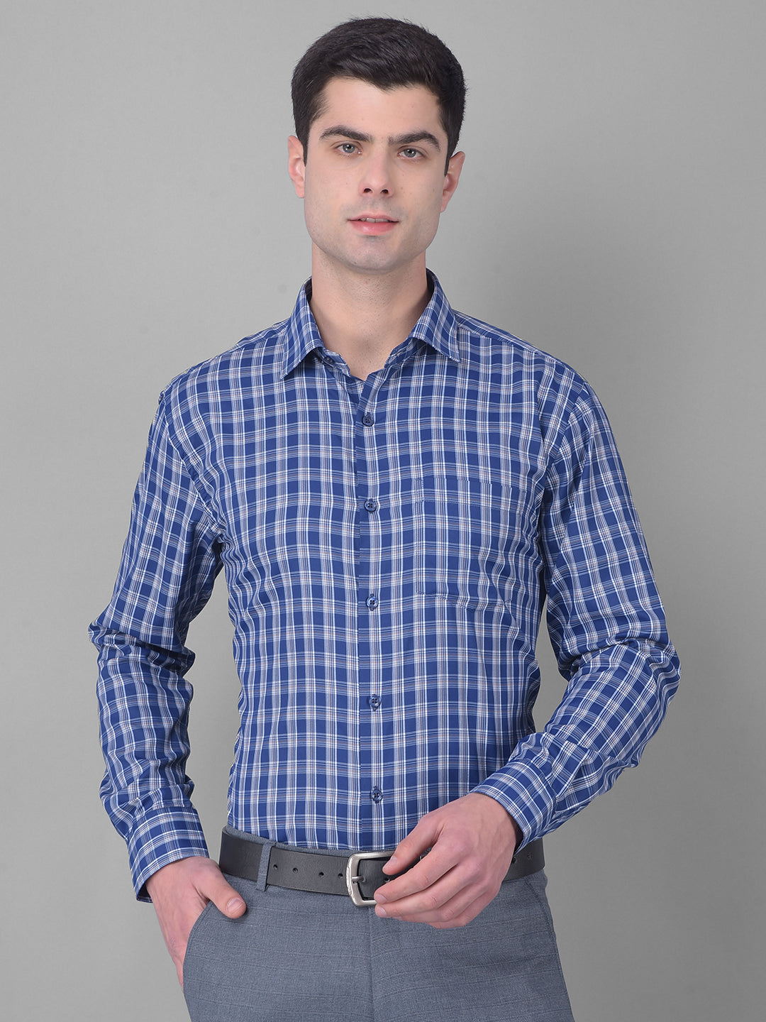 cobb navy blue checked smart fit formal shirt