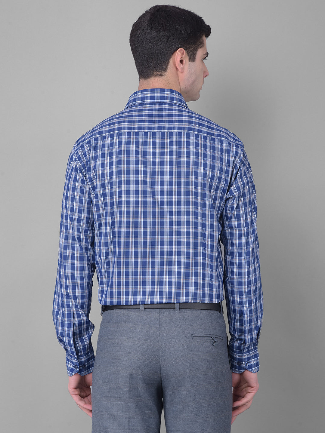 cobb navy blue checked smart fit formal shirt
